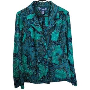 Susan Graver Paisley Button‎ Down Long Sleeve Collared Jacket Green Blue Size M
